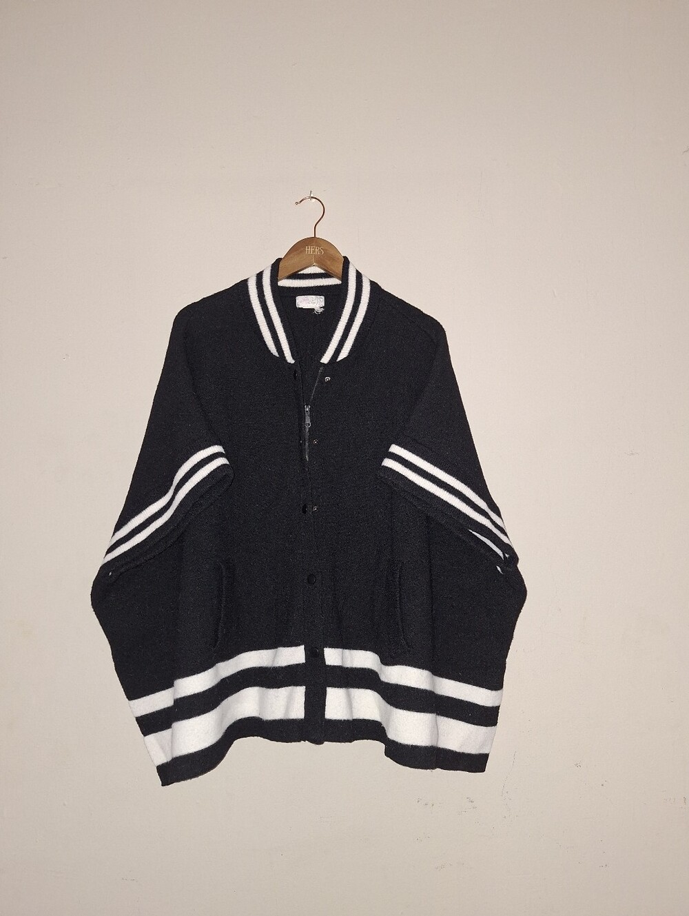 Vintage Free People Black & White Striped Varsity Sweater Poncho Tailgate Time